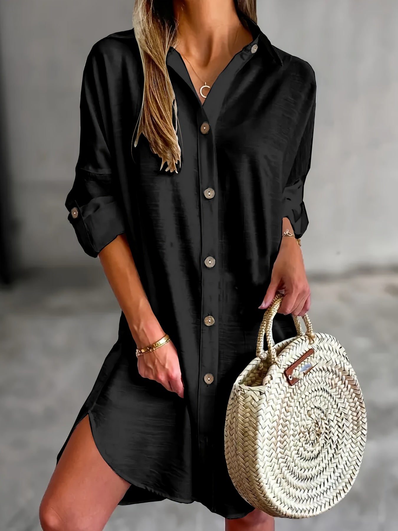 Vestido Camisa Sin Esfuerzo para Mujeres con Cuello, Manga Larga, Botones en la Parte Frontal, Estilo Casual Relajado