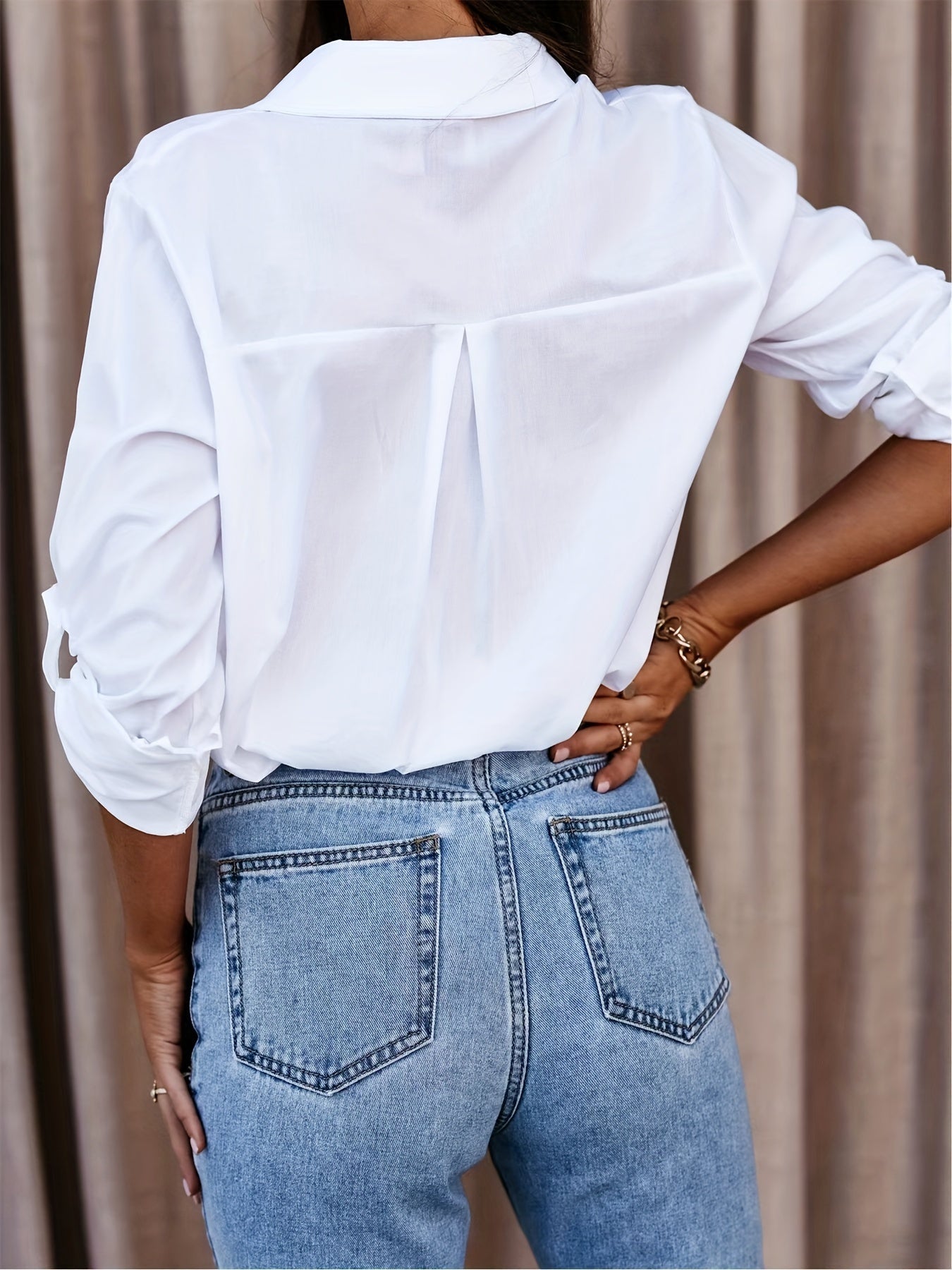 Blusa Blanca de Algodón para Mujeres Sin Esfuerzo con Cuello, Manga de Codo, Estilo Relajado y Oversized