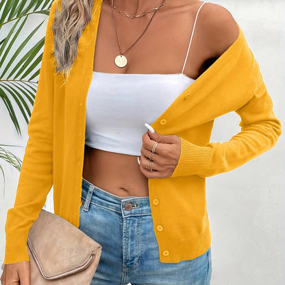 Suéter Cárdigan de Punto Sin Esfuerzo para Mujeres con Cuello en V, Manga Larga, Frente con Botones y Estilo Relajado