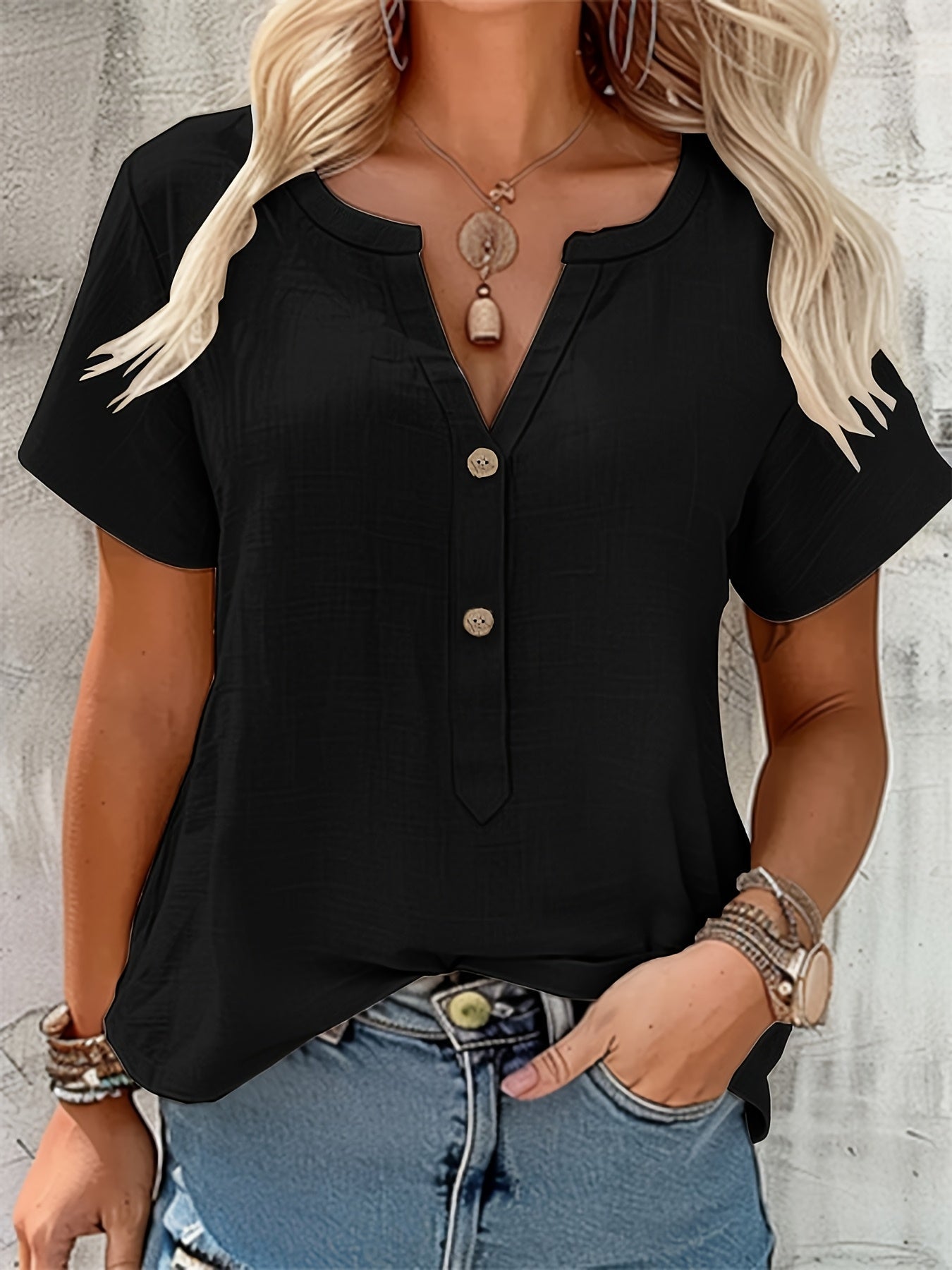 Blusa Texturizada Sin Esfuerzo para Mujeres con Escote en V Notch, Manga Corta, Estilo Relajado y Botones en la Parte Frontal