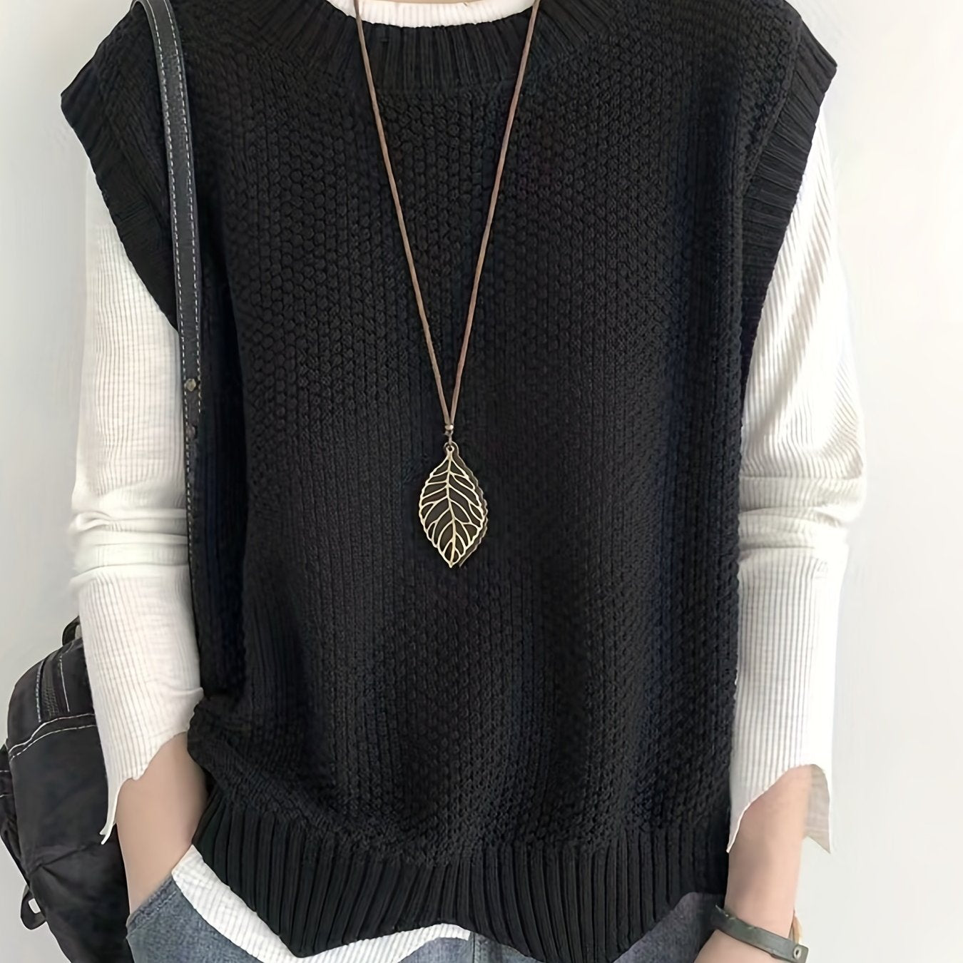 Chaleco de Suéter de Punto Grueso Cómodo para Mujeres con Cuello Redondo Sin Mangas Estilo Relajado y Oversized
