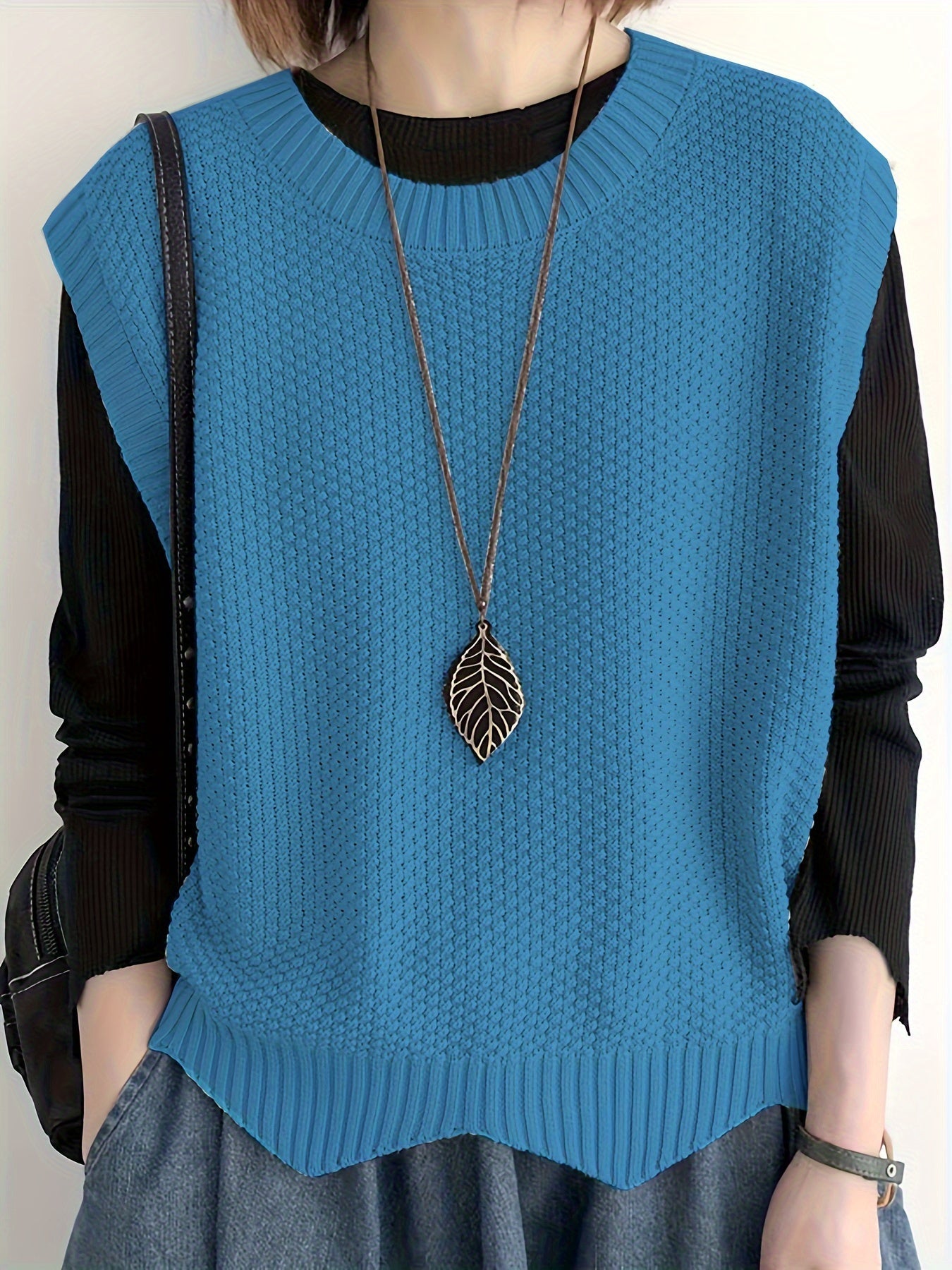 Chaleco de Suéter de Punto Grueso Cómodo para Mujeres con Cuello Redondo Sin Mangas Estilo Relajado y Oversized