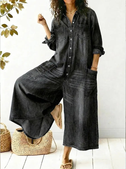 Mono de Denim Sin Esfuerzo para Mujeres con Cuello, Manga Larga, Botones en la Parte Frontal y Pierna Ancha