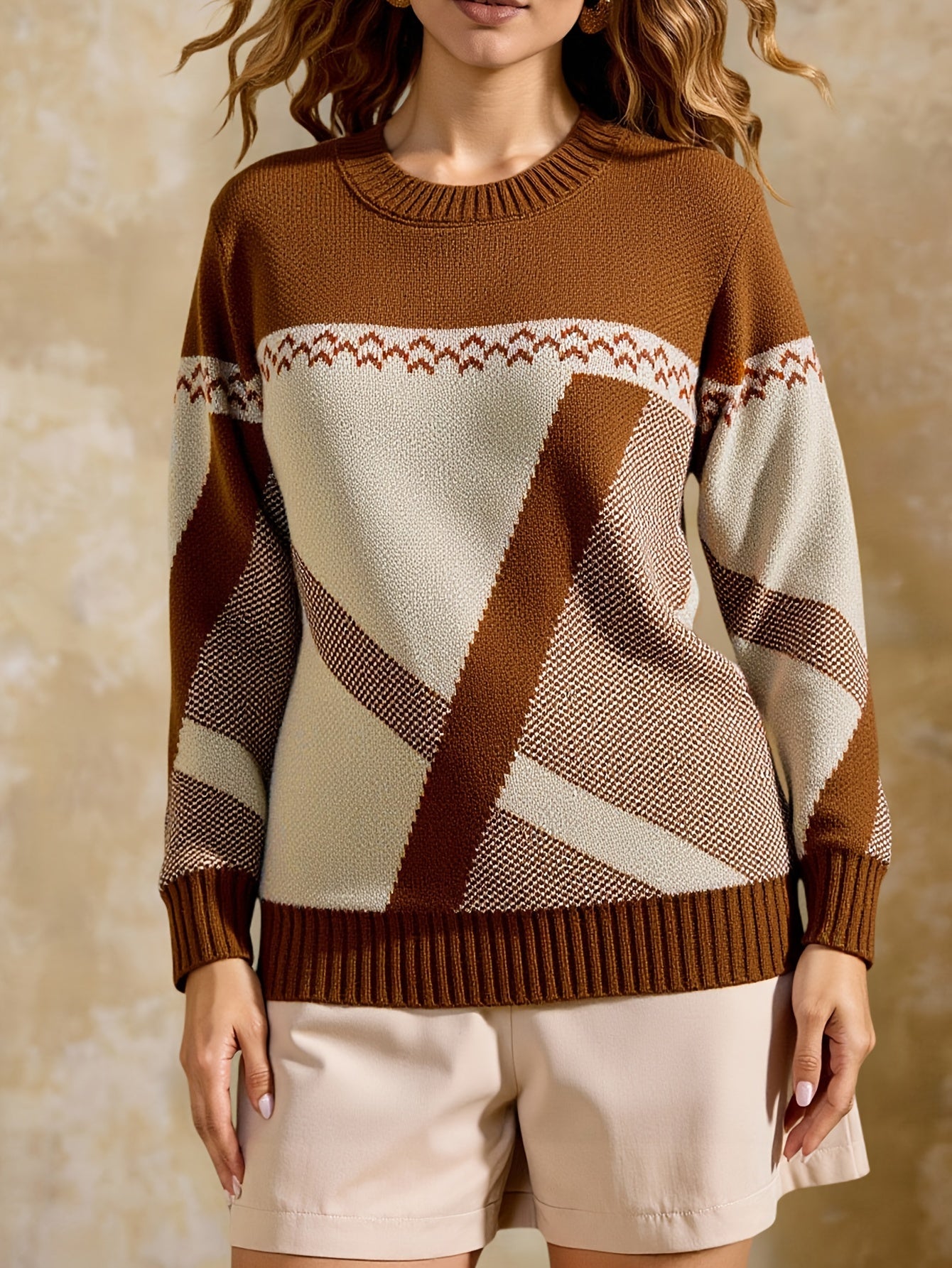 Suéter Geométrico Colorblock Cómodo para Mujeres con Cuello Redondo, Manga Larga, Estilo Relajado y Oversized