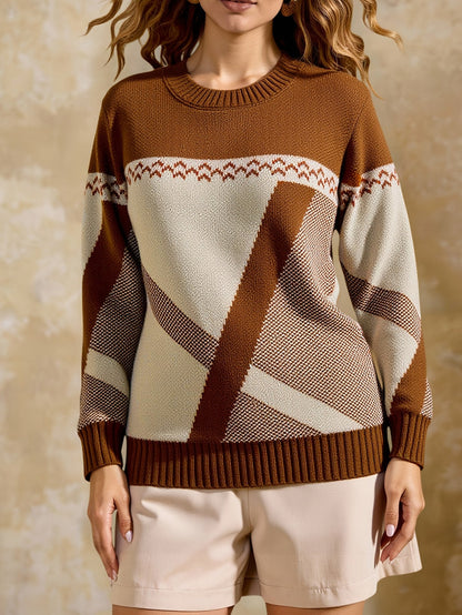 Suéter Geométrico Colorblock Cómodo para Mujeres con Cuello Redondo, Manga Larga, Estilo Relajado y Oversized