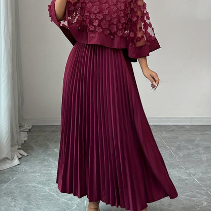Elegante Vestido Largo Plisado Floral para Mujeres con Cuello Redondo y Manga Capa con Apliques, Estilo Formal para Invitadas de Boda
