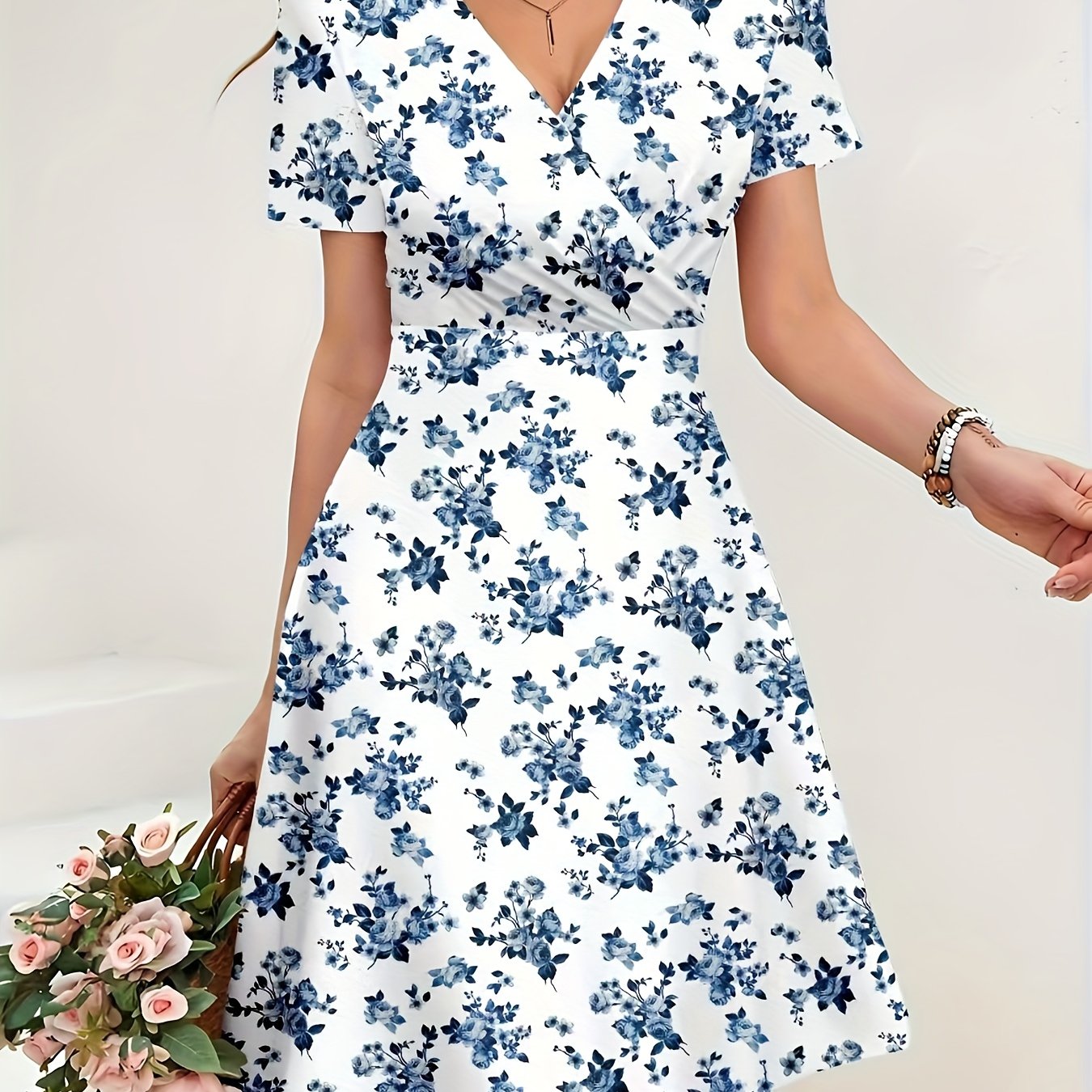 Vestido Midi Floral Azul Sin Esfuerzo para Mujeres con Escote en V y Mangas Volantes, Estilo Ajustado y Acampanado