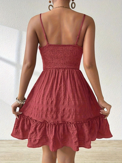 Vestido Mini Fruncido Sin Esfuerzo para Mujeres con Escote Cuadrado, Tirantes de Espagueti y Volantes en Estilo Bohemio
