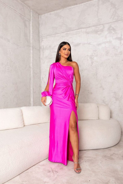 Elegante Vestido Maxi de Satén para Mujeres con Un Hombro, Manga Larga, Frontal Torcido y Alta Abertura Estilo Cóctel