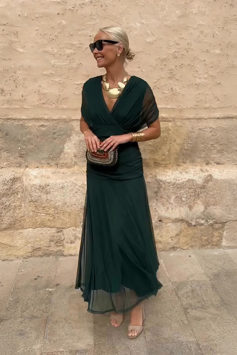 Vestido Maxi Verde Elegante para Mujeres con Escote en V Cruzado, Manga Corta, Fruncido y Fluido, Estilo Formal para Invitadas de Boda