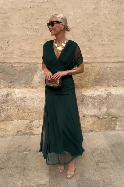 Vestido Maxi Verde Elegante para Mujeres con Escote en V Cruzado, Manga Corta, Fruncido y Fluido, Estilo Formal para Invitadas de Boda