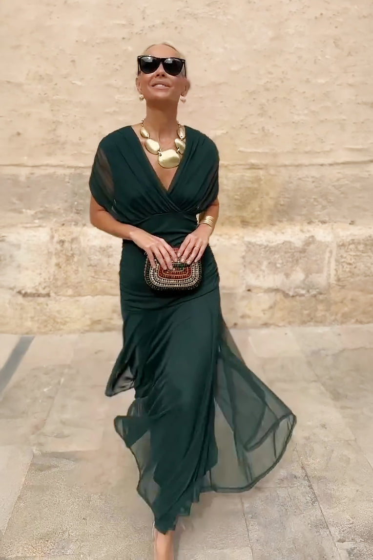 Vestido Maxi Verde Elegante para Mujeres con Escote en V Cruzado, Manga Corta, Fruncido y Fluido, Estilo Formal para Invitadas de Boda