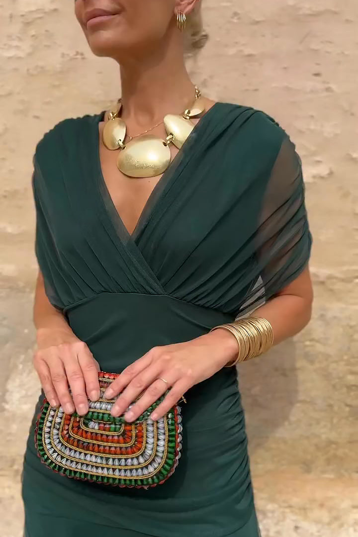 Vestido Maxi Verde Elegante para Mujeres con Escote en V Cruzado, Manga Corta, Fruncido y Fluido, Estilo Formal para Invitadas de Boda