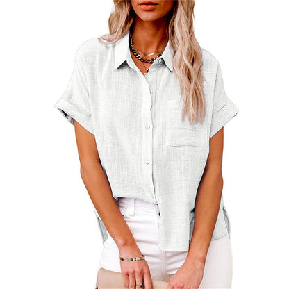 Blusa de Lino Sin Esfuerzo para Mujeres con Cuello, Manga Corta, Botones en la Parte Frontal, Estilo Alto-Bajo