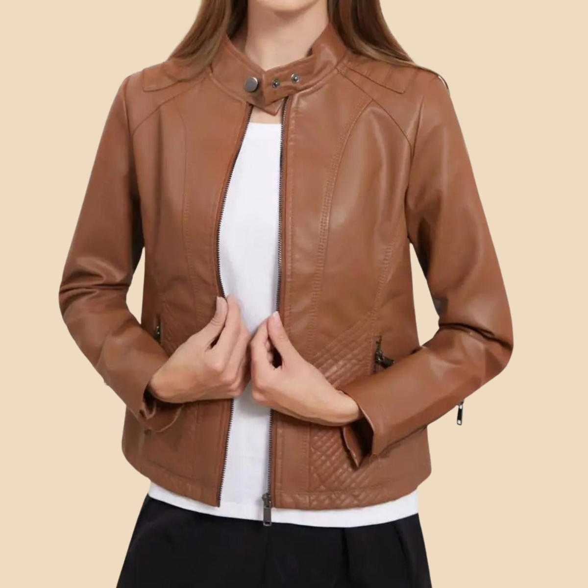 Chaqueta de Moto de Cuero Sintético Elegante para Mujeres con Cuello Alto y Manga Larga, Estilo con Cierre Frontal Acolchado