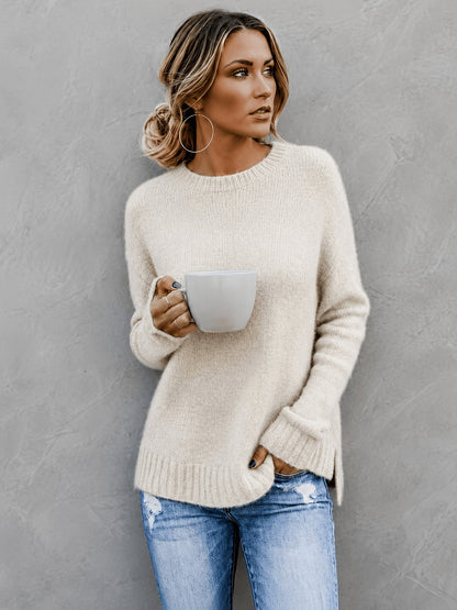 Suéter de Punto Melange Cómodo para Mujeres con Cuello Redondo, Mangas Largas y Puños de Campana, Estilo Oversized y Relajado