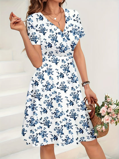 Vestido Midi Floral Azul Sin Esfuerzo para Mujeres con Escote en V y Mangas Volantes, Estilo Ajustado y Acampanado