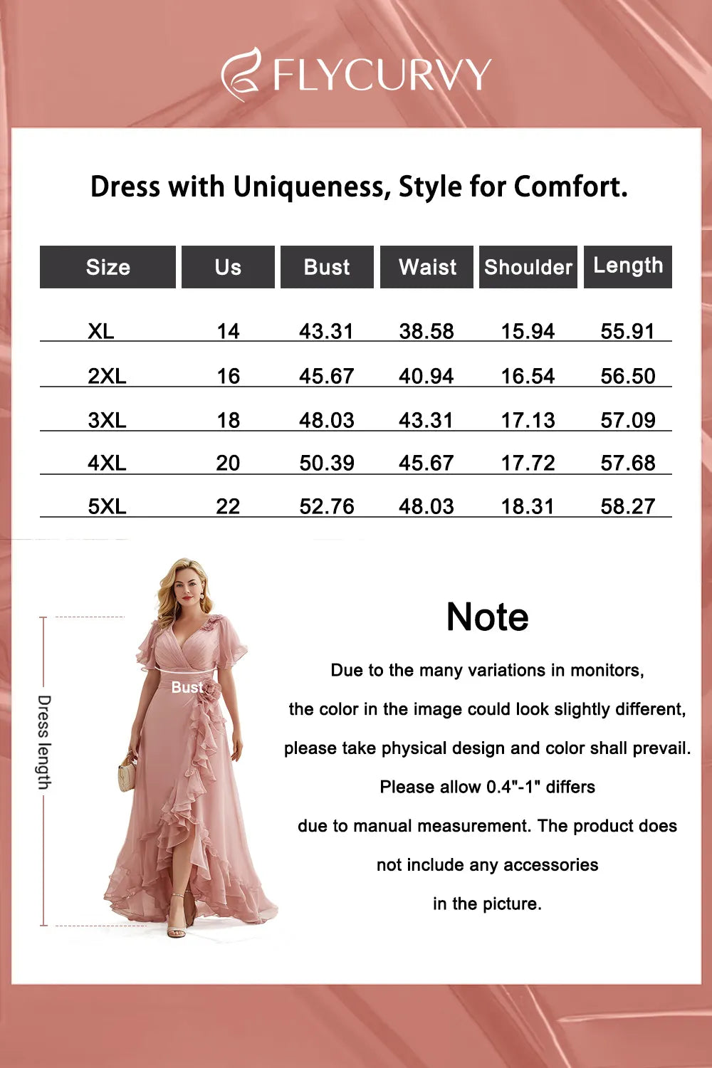 Vestido Maxi de Chifón Rosa Empolvado Elegante para Mujeres con Escote en V, Mangas de Volantes y Cascada para Invitadas de Boda