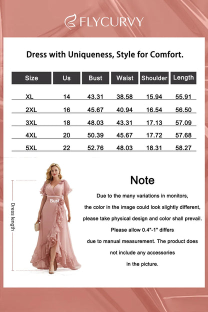 Vestido Maxi de Chifón Rosa Empolvado Elegante para Mujeres con Escote en V, Mangas de Volantes y Cascada para Invitadas de Boda