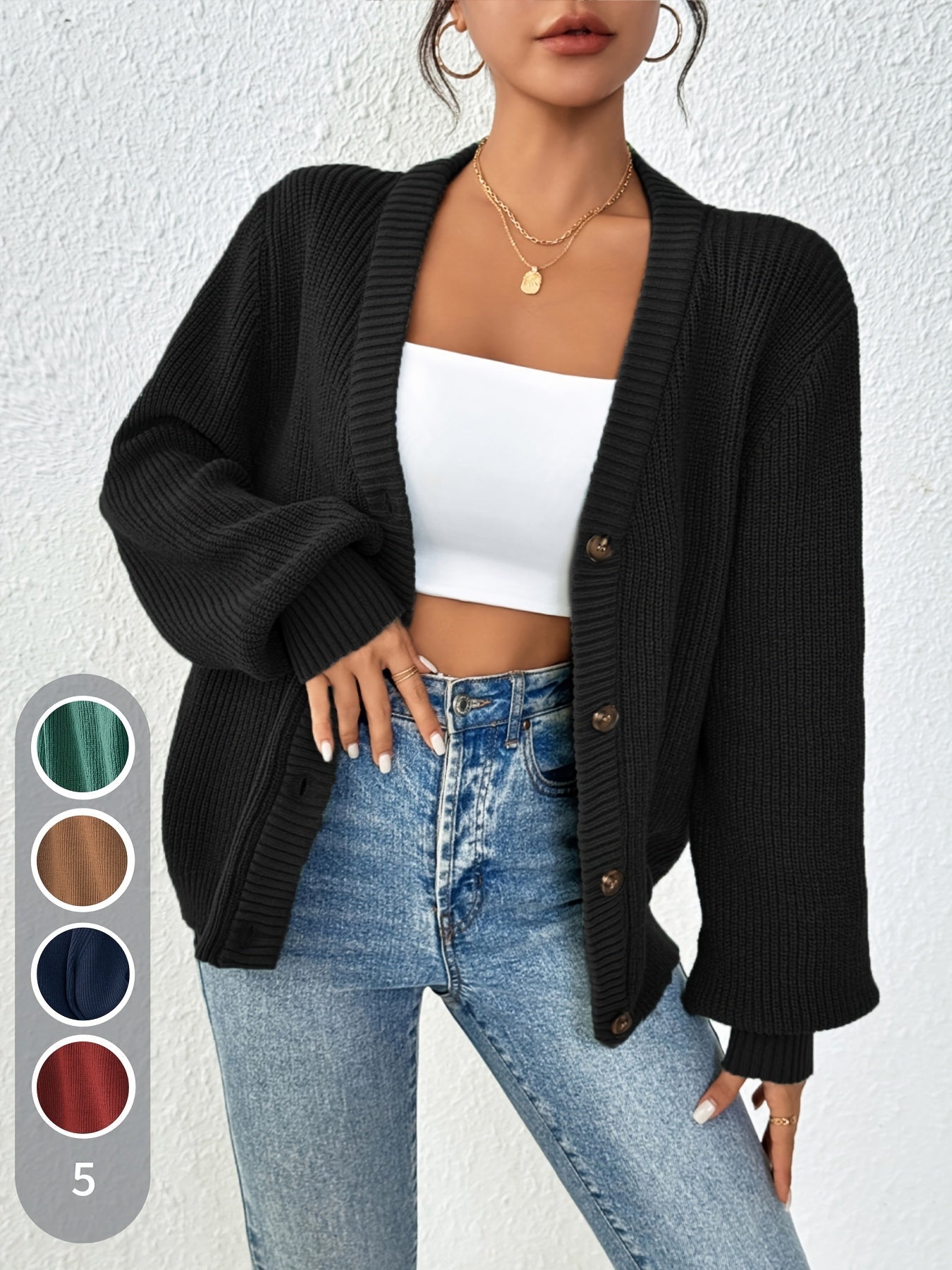 Cárdigan de Punto Acanalado Cómodo para Mujeres con Cuello en V, Mangas Globo, Botones en la Parte Frontal y Estilo Oversized