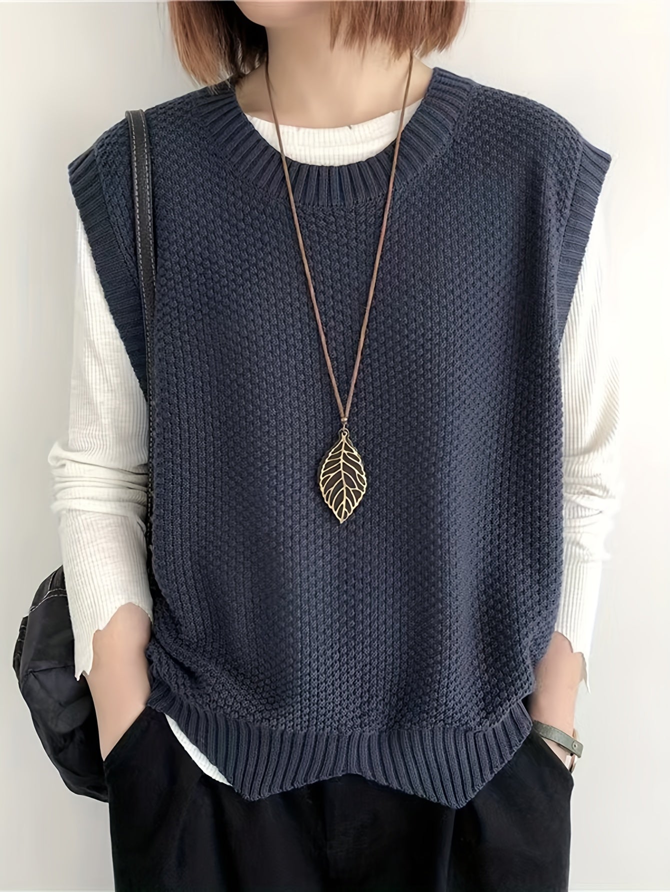 Chaleco de Suéter de Punto Grueso Cómodo para Mujeres con Cuello Redondo Sin Mangas Estilo Relajado y Oversized