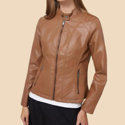 Chaqueta de Moto de Cuero Sintético Elegante para Mujeres con Cuello Alto y Manga Larga, Estilo con Cierre Frontal Acolchado