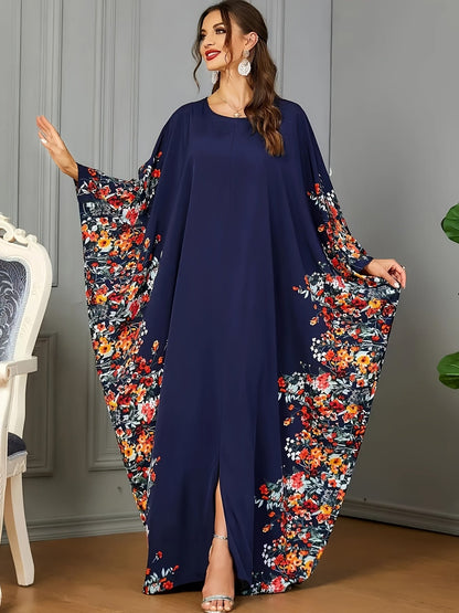 Elegante Vestido Maxi Kaftán Floral para Mujeres con Cuello Redondo y Mangas Murciélago
