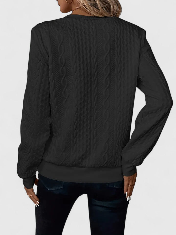 Sudadera de punto trenzado cómoda para mujeres con cuello de triplete y manga larga, estilo relajado y oversize