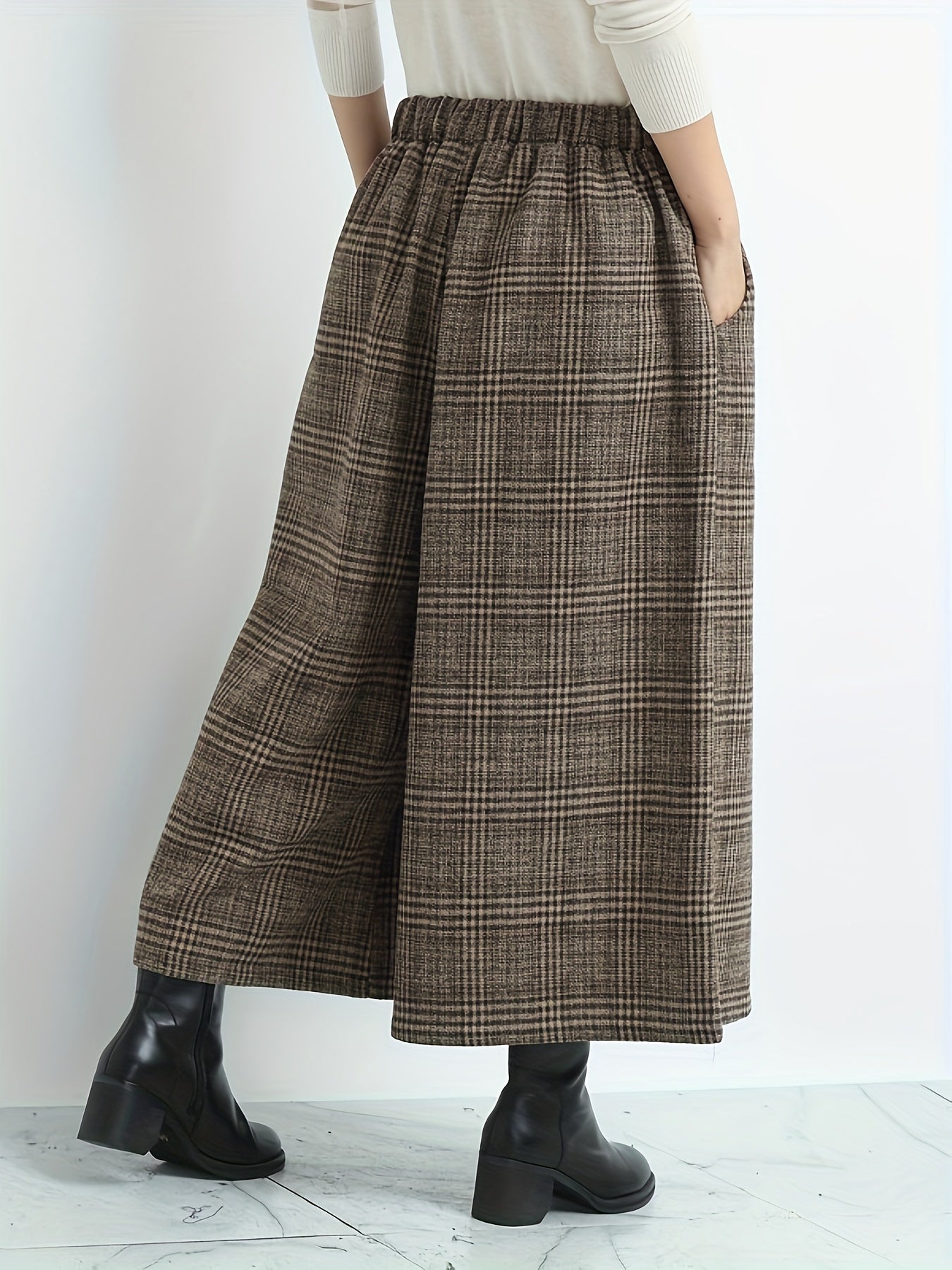 Pantalones Culotte de Cuadros Amplios para Mujer con Cintura Alta Elástica, Estilo Casual Relajado