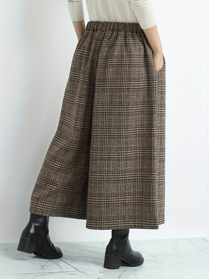 Pantalones Culotte de Cuadros Amplios para Mujer con Cintura Alta Elástica, Estilo Casual Relajado