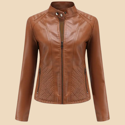 Chaqueta de Moto de Cuero Sintético Elegante para Mujeres con Cuello Alto y Manga Larga, Estilo con Cierre Frontal Acolchado