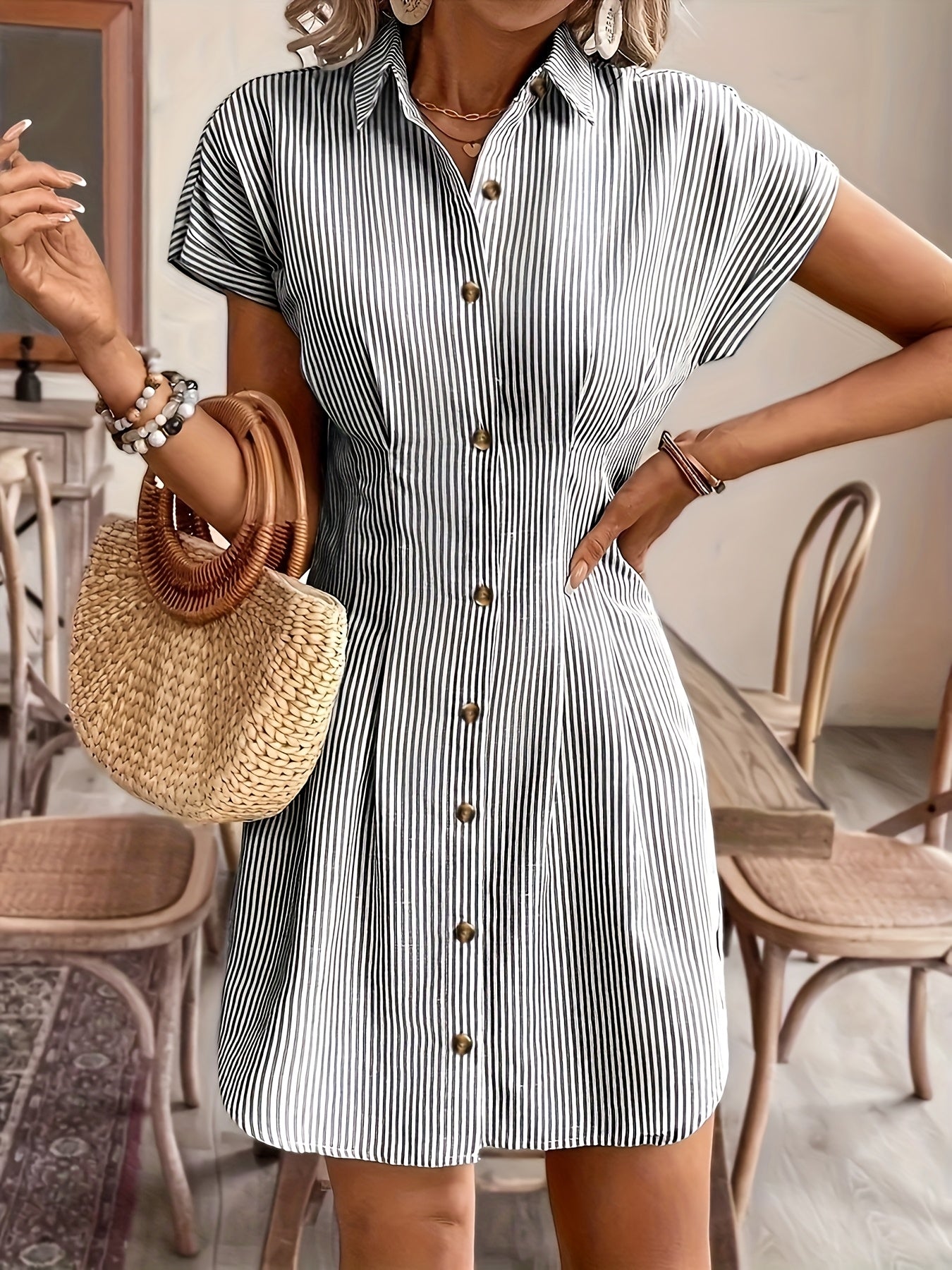 Vestido Camisa A-Line de Manga Corta a Rayas Elegante para Mujeres, Vestido Casual de Oficina de Verano de Cintura Alta con Botones en Pastel Claro, Fabricado en Poliéster Cómodo, Estilo Francés, Color Sólido, Vestido Camisa para Mujeres, Vestido Camisa C