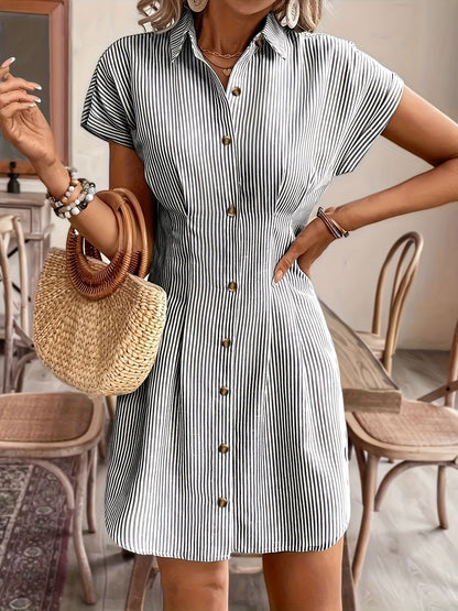 Vestido Camisa A-Line de Manga Corta a Rayas Elegante para Mujeres, Vestido Casual de Oficina de Verano de Cintura Alta con Botones en Pastel Claro, Fabricado en Poliéster Cómodo, Estilo Francés, Color Sólido, Vestido Camisa para Mujeres, Vestido Camisa C