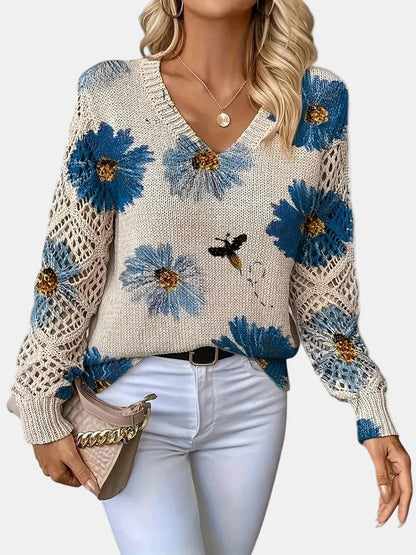 Suéter de Ganchillo Floral Cómodo para Mujeres con Cuello en V y Mangas de Globo, Estilo Oversized