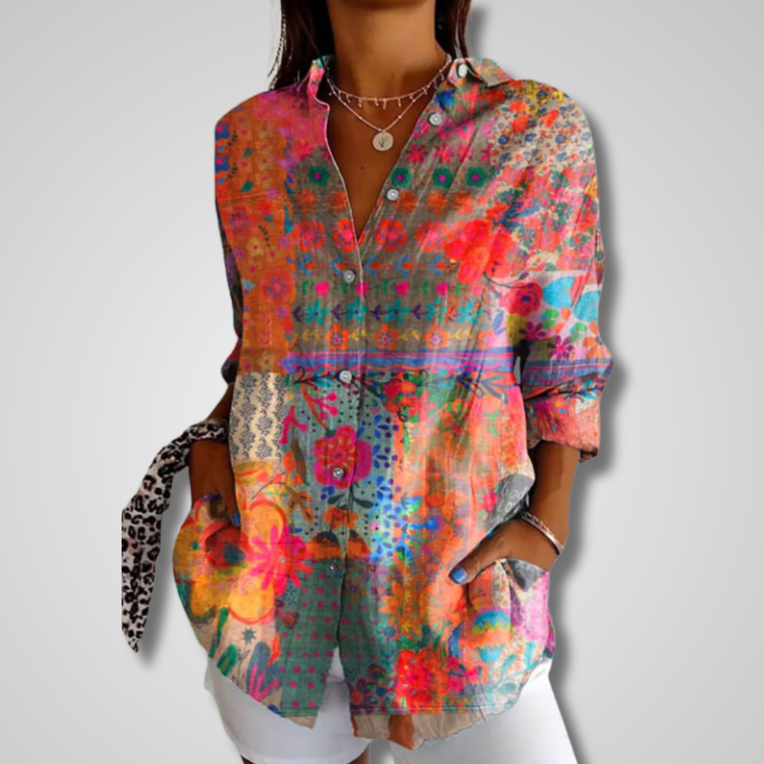 Blusa de Estampado de Parchwork Sin Esfuerzo para Mujeres con Cuello, Manga Larga, Botones en la Parte Frontal, Estilo Casual Relajado