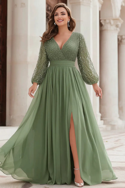 Vestido Maxi Elegante Verde Salvia con Lentejuelas para Mujeres con Escote en V, Manga Larga y Abertura Alta, Estilo Formal para Invitadas de Bodas