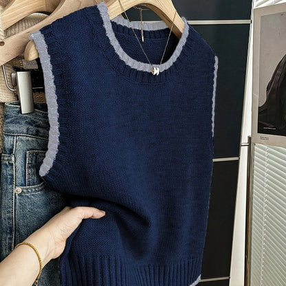 Chaleco de Suéter de Contraste Cómodo para Mujeres con Cuello Redondo, Sin Mangas, dobladillo Acanalado, Estilo Oversized