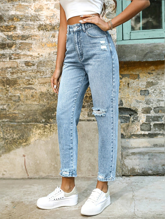 Jeans Mom Relajados Azules Sin Esfuerzo para Mujeres con Cintura Alta y Pierna Tapered Desgastada