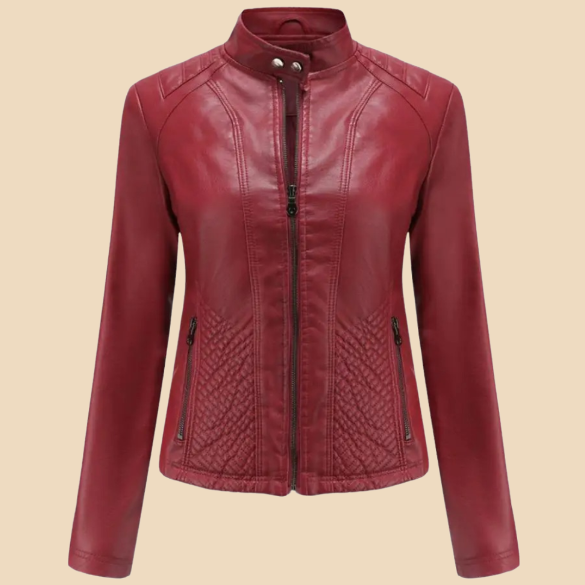 Chaqueta de Moto de Cuero Sintético Elegante para Mujeres con Cuello Alto y Manga Larga, Estilo con Cierre Frontal Acolchado