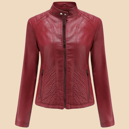 Chaqueta de Moto de Cuero Sintético Elegante para Mujeres con Cuello Alto y Manga Larga, Estilo con Cierre Frontal Acolchado