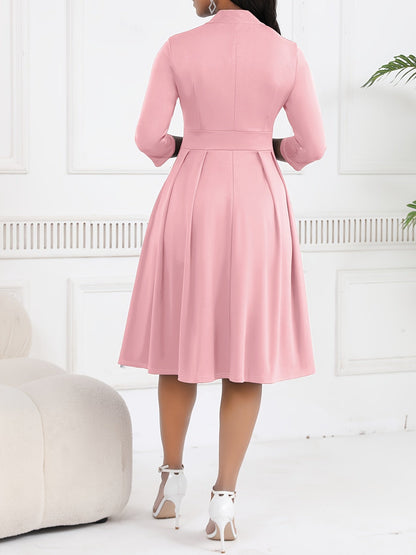 Vestido Midi Elegante con Lazo para Mujeres con Cuello Alto, Manga de Codo y Estilo Plisado