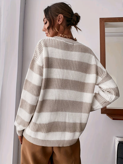 Suéter a Rayas Cómodo para Mujeres con Cuello Redondo, Manga Larga, Estilo Relajado y Oversized