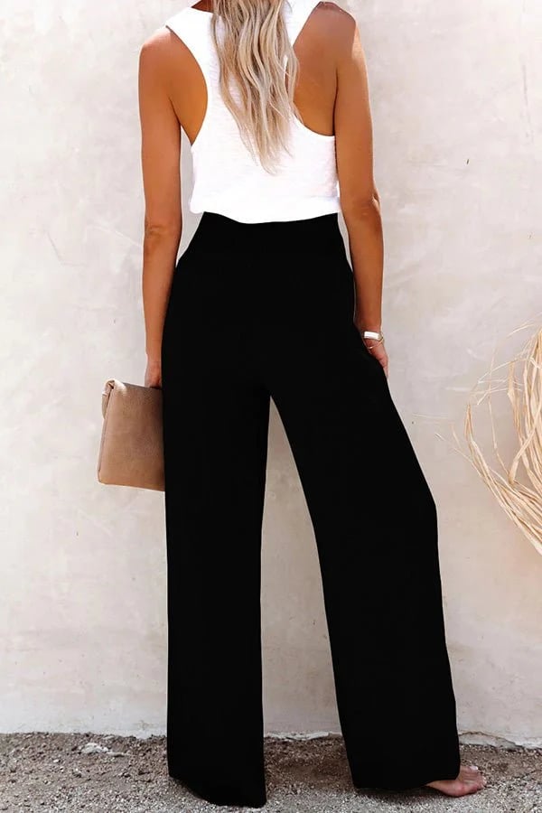 Pantalones de Pierna Ancha Sin Esfuerzo para Mujeres con Cintura Alta, Frontal con Botones y Estilo Relajado
