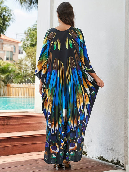 Elegante Kaftán Maxi de Impresión de Pavo Real Multicolor para Mujeres con Escote en V y Manga Murciélago Fluyente