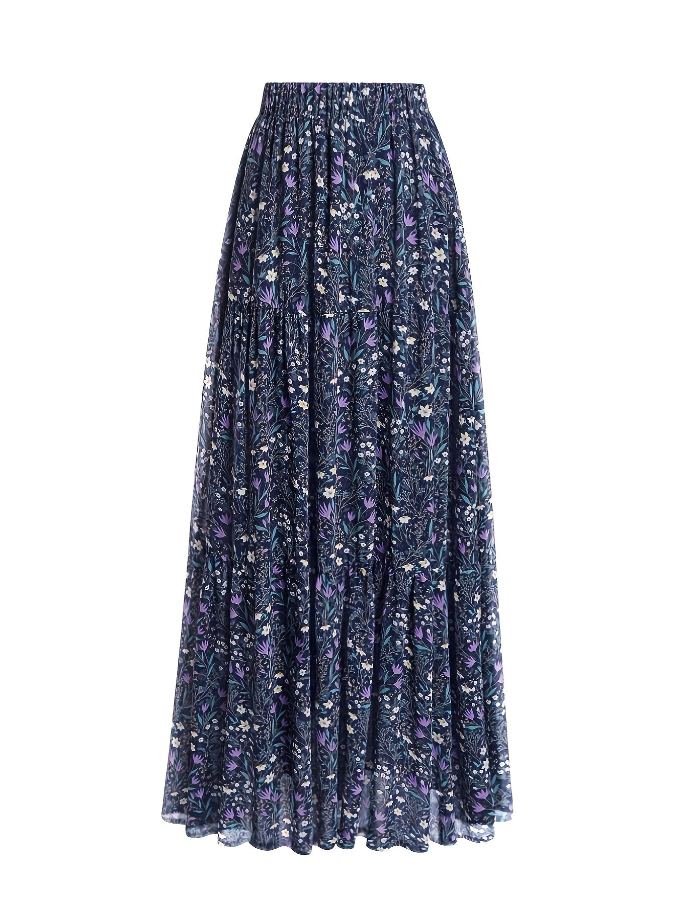 Elegante Falda Maxi Floral Azul para Mujeres con Cintura Fruncida y Volantes en Estilo Bohemio
