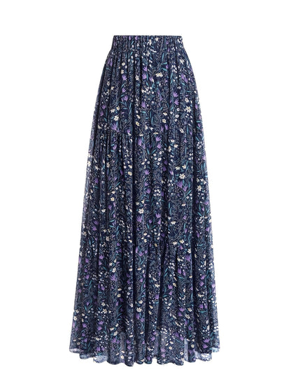 Elegante Falda Maxi Floral Azul para Mujeres con Cintura Fruncida y Volantes en Estilo Bohemio