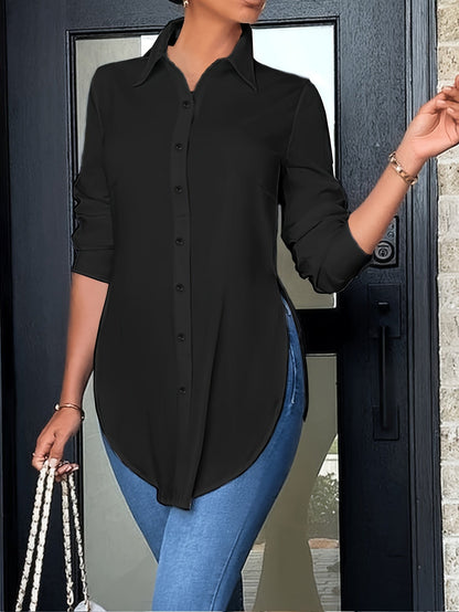 Blusa Tunic Sin Esfuerzo para Mujeres con Cuello, Manga Larga, Botones en la Parte Frontal, Estilo Relajado Alto-Bajo
