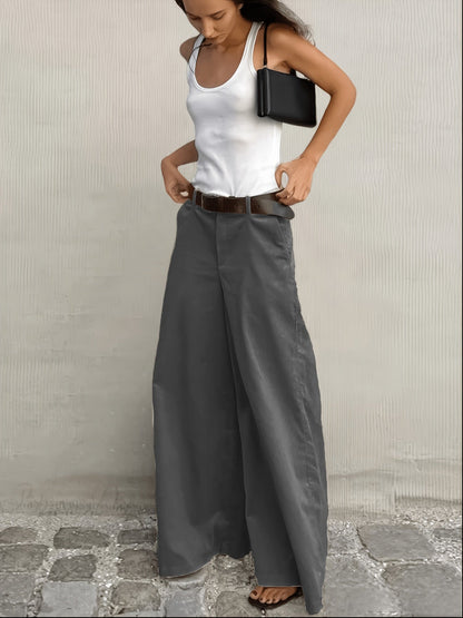 Pantalones Anchos Sin Esfuerzo para Mujeres con Cintura Alta, Botón Frontal, Estilo Casual Relajado