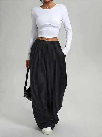 Pantalones Anchos de Rayas en Negro para Mujeres con Cintura Alta, Plisados y Estilo Relajado