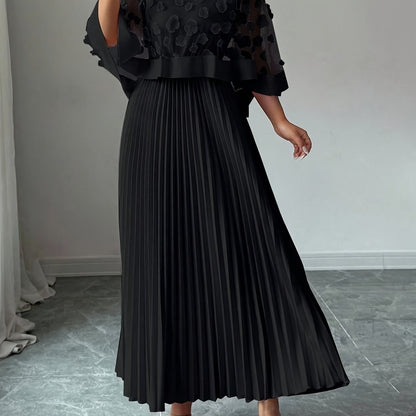 Elegante Vestido Largo Plisado Floral para Mujeres con Cuello Redondo y Manga Capa con Apliques, Estilo Formal para Invitadas de Boda